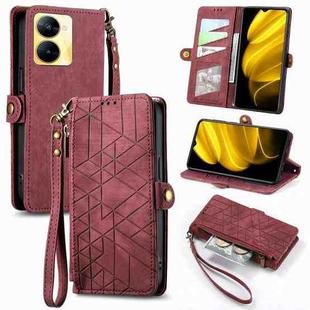 For Realme V30 Geometric Zipper Wallet Side Buckle Leather Phone Case(Red)