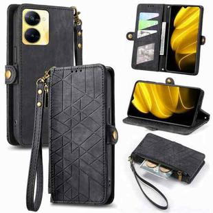 For Realme V30 Geometric Zipper Wallet Side Buckle Leather Phone Case(Black)