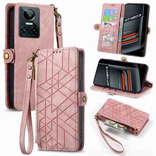 For Realme GT 3 5G Geometric Zipper Wallet Side Buckle Leather Phone Case(Pink)