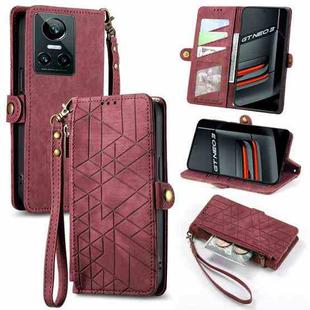 For Realme GT 3 5G Geometric Zipper Wallet Side Buckle Leather Phone Case(Red)