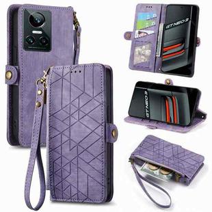 For Realme GT 3 5G Geometric Zipper Wallet Side Buckle Leather Phone Case(Purple)