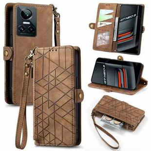 For Realme GT 3 5G Geometric Zipper Wallet Side Buckle Leather Phone Case(Brown)