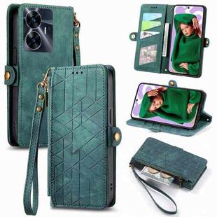 For Realme C55 Geometric Zipper Wallet Side Buckle Leather Phone Case(Green)