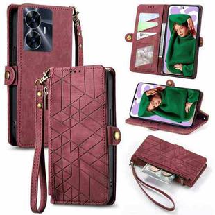 For Realme C55 Geometric Zipper Wallet Side Buckle Leather Phone Case(Red)