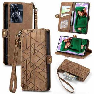 For Realme C55 Geometric Zipper Wallet Side Buckle Leather Phone Case(Brown)