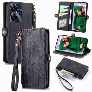 For Realme C55 Geometric Zipper Wallet Side Buckle Leather Phone Case(Black)