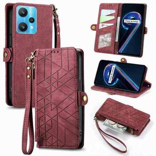 For Realme 9 Pro Geometric Zipper Wallet Side Buckle Leather Phone Case(Red)