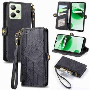 For Realme C35 Geometric Zipper Wallet Side Buckle Leather Phone Case(Black)