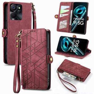 For Realme 9i 5G Geometric Zipper Wallet Side Buckle Leather Phone Case(Red)