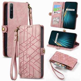 For Realme 5 / 5i / 6i Geometric Zipper Wallet Side Buckle Leather Phone Case(Pink)