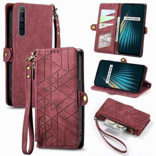 For Realme 5 / 5i / 6i Geometric Zipper Wallet Side Buckle Leather Phone Case(Red)