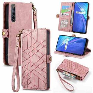 For Realme 6 Geometric Zipper Wallet Side Buckle Leather Phone Case(Pink)