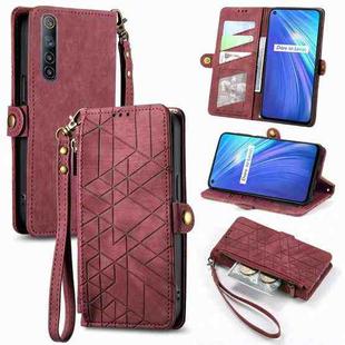 For Realme 6 Geometric Zipper Wallet Side Buckle Leather Phone Case(Red)