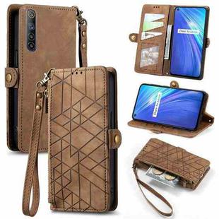 For Realme 6 Geometric Zipper Wallet Side Buckle Leather Phone Case(Brown)