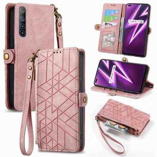 For Realme 6 Pro Geometric Zipper Wallet Side Buckle Leather Phone Case(Pink)