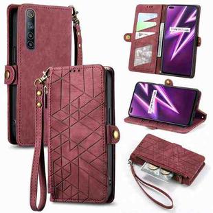 For Realme 6 Pro Geometric Zipper Wallet Side Buckle Leather Phone Case(Red)