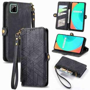 For Realme C11 Geometric Zipper Wallet Side Buckle Leather Phone Case(Black)