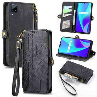 For Realme C15 / C12 / C25S Geometric Zipper Wallet Side Buckle Leather Phone Case(Black)