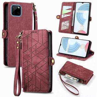 For Realme C21Y/C25Y Geometric Zipper Wallet Side Buckle Leather Phone Case(Red)
