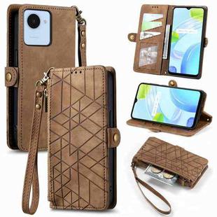 For Realme C30S Geometric Zipper Wallet Side Buckle Leather Phone Case(Brown)