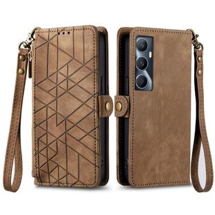 For Realme C65 Geometric Zipper Wallet Side Buckle Leather Phone Case(Brown)