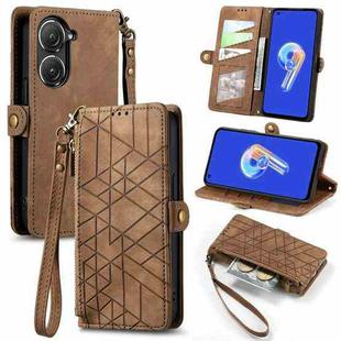 For ASUS Zenfone 9 Geometric Zipper Wallet Side Buckle Leather Phone Case(Brown)