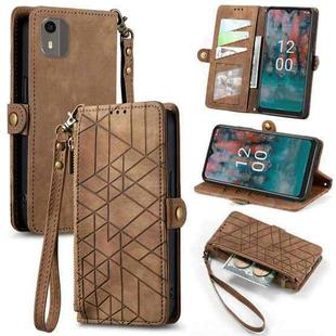 For Nokia C12 Geometric Zipper Wallet Side Buckle Leather Phone Case(Brown)