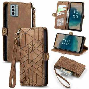 For Nokia G22 Geometric Zipper Wallet Side Buckle Leather Phone Case(Brown)