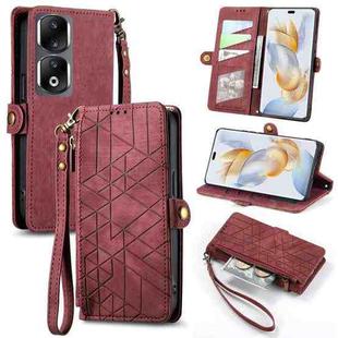 For Honor 90 Pro Geometric Zipper Wallet Side Buckle Leather Phone Case(Red)