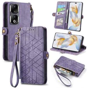 For Honor 90 Pro Geometric Zipper Wallet Side Buckle Leather Phone Case(Purple)