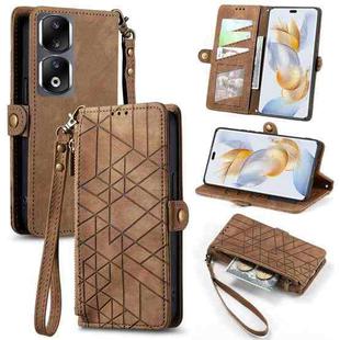 For Honor 90 Pro Geometric Zipper Wallet Side Buckle Leather Phone Case(Brown)