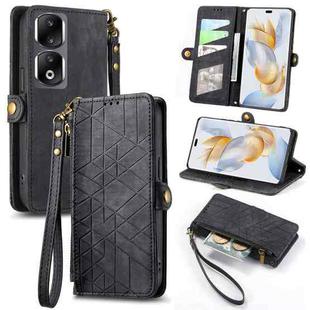 For Honor 90 Pro Geometric Zipper Wallet Side Buckle Leather Phone Case(Black)