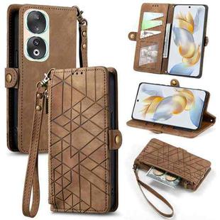 For Honor 90 Geometric Zipper Wallet Side Buckle Leather Phone Case(Brown)