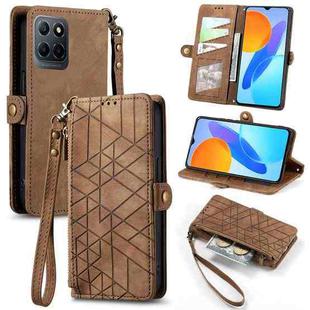 For Honor X8 5G Geometric Zipper Wallet Side Buckle Leather Phone Case(Brown)