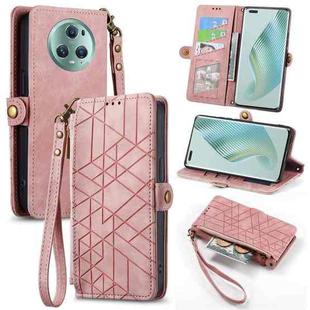 For Honor Magic5 Pro Geometric Zipper Wallet Side Buckle Leather Phone Case(Pink)