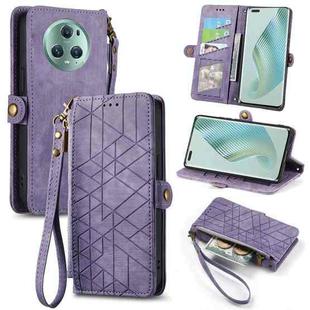 For Honor Magic5 Pro Geometric Zipper Wallet Side Buckle Leather Phone Case(Purple)