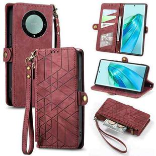 For Honor X9A Geometric Zipper Wallet Side Buckle Leather Phone Case(Red)