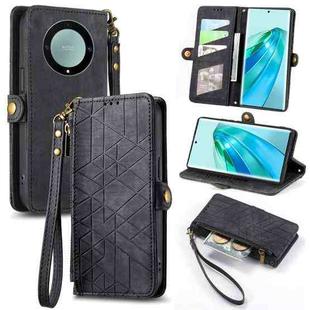 For Honor X9A Geometric Zipper Wallet Side Buckle Leather Phone Case(Black)