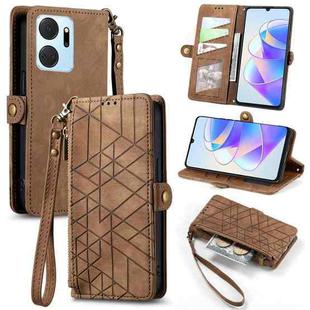 For Honor X7A Geometric Zipper Wallet Side Buckle Leather Phone Case(Brown)
