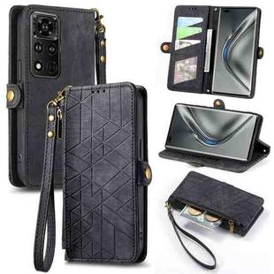 For Honor V40 Geometric Zipper Wallet Side Buckle Leather Phone Case(Black)