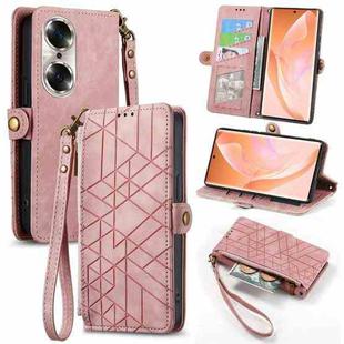 For Honor 60 Pro Geometric Zipper Wallet Side Buckle Leather Phone Case(Pink)