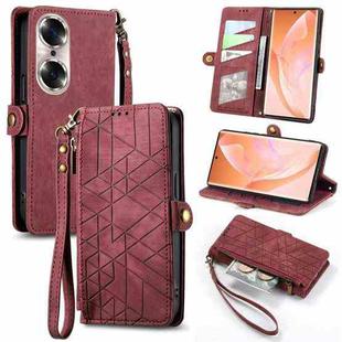 For Honor 60 Pro Geometric Zipper Wallet Side Buckle Leather Phone Case(Red)