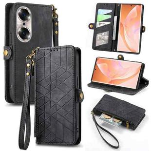 For Honor 60 Pro Geometric Zipper Wallet Side Buckle Leather Phone Case(Black)