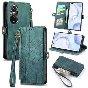 For Honor 50 Pro Geometric Zipper Wallet Side Buckle Leather Phone Case(Green)