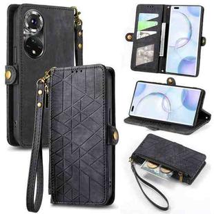 For Honor 50 Pro Geometric Zipper Wallet Side Buckle Leather Phone Case(Black)