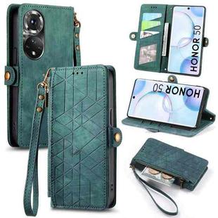 For Honor 50 Geometric Zipper Wallet Side Buckle Leather Phone Case(Green)