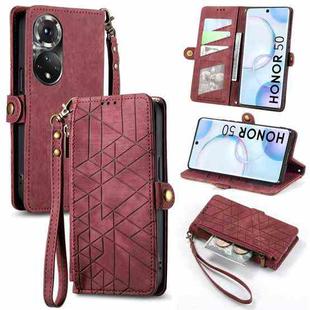 For Honor 50 Geometric Zipper Wallet Side Buckle Leather Phone Case(Red)