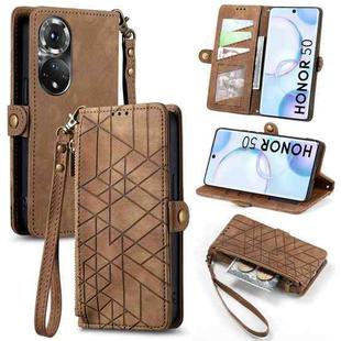 For Honor 50 Geometric Zipper Wallet Side Buckle Leather Phone Case(Brown)