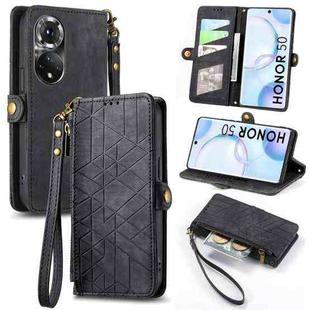 For Honor 50 Geometric Zipper Wallet Side Buckle Leather Phone Case(Black)