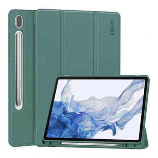 For Samsung Galaxy Tab S9 ENKAY Tri-fold Custer Leather TPU Bottom Smart Case with Pen Slot(Dark Green)